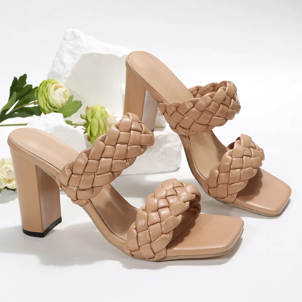 White square toe flip-flops with chunky heel and woven twisted detail on a PU upper with a rubber sole.