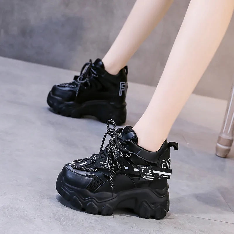 Women's white breathable mesh platform tennis shoes with cross-strap and 6-8cm heel