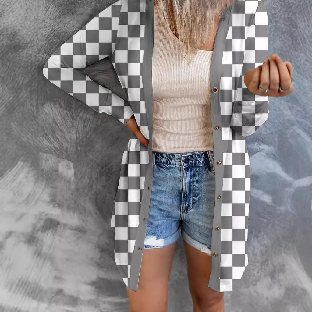 Women's long plaid coat loose knitted cardigan in street fashion style