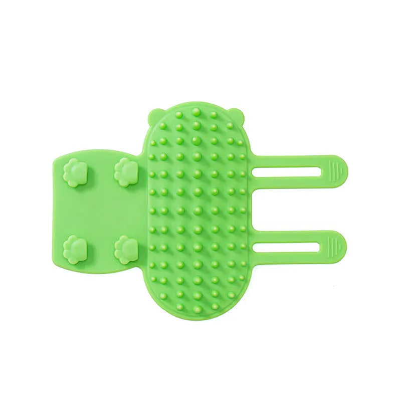 Silicone cat grooming comb and scratcher set with adjustable strap in black, green, pink, or yellow.