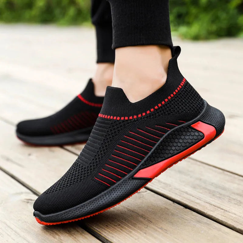Men's mesh sock shoes with striped design, Flyknit upper, and lace-up front in black colour