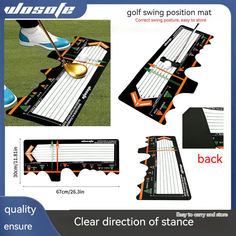 Black neoprene golf swing posture training pad with alignment markings for stance correction.