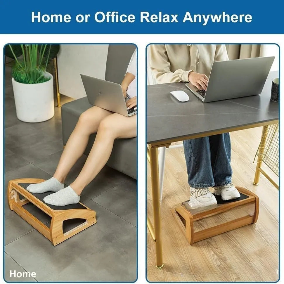 Adjustable bamboo wooden footstool in natural wood colour for office desk ergonomic support