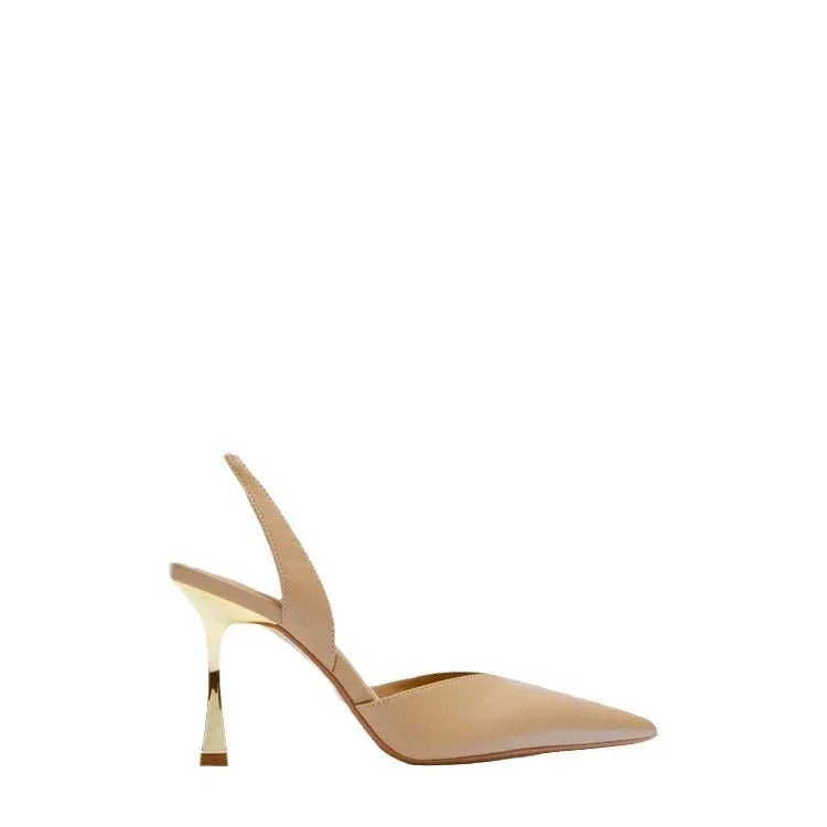 Women's pointed toe high heels in patent leather, shown in apricot and black colours.