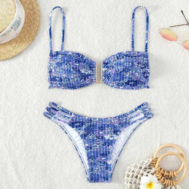Women's high-waisted floral bikini swimsuit in blue, orange, pink, or rose red.