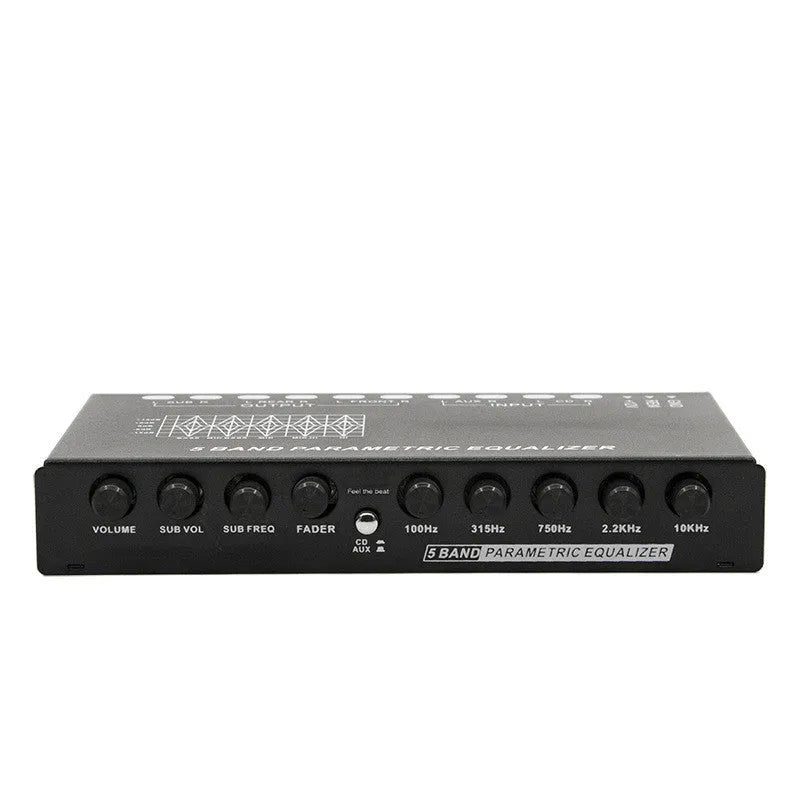 Black car audio EQ amplifier with control panel showing frequency knobs and channel indicators