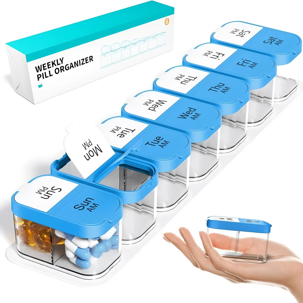 White and rainbow coloured extra large plastic pill organiser with 14 removable compartments.