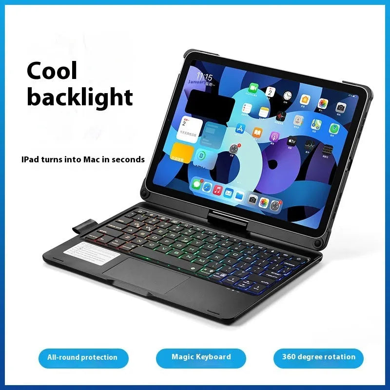 360-degree rotating Bluetooth keyboard for iPad with touch-sensitive trackpad in black, rose gold, or silver