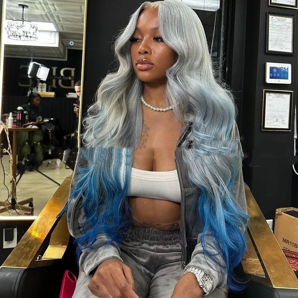 Grey blue gradient human hair lace front wig with 4x4 cap and Ruili style