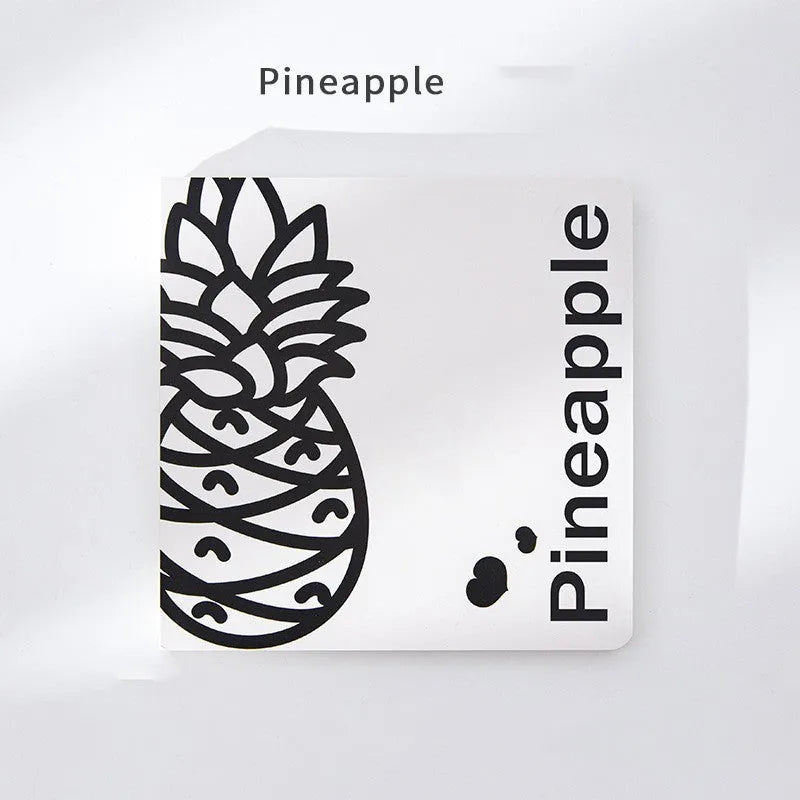 Square fruit design notebook showing embossed pineapple, blueberry, grape, and peach cover options