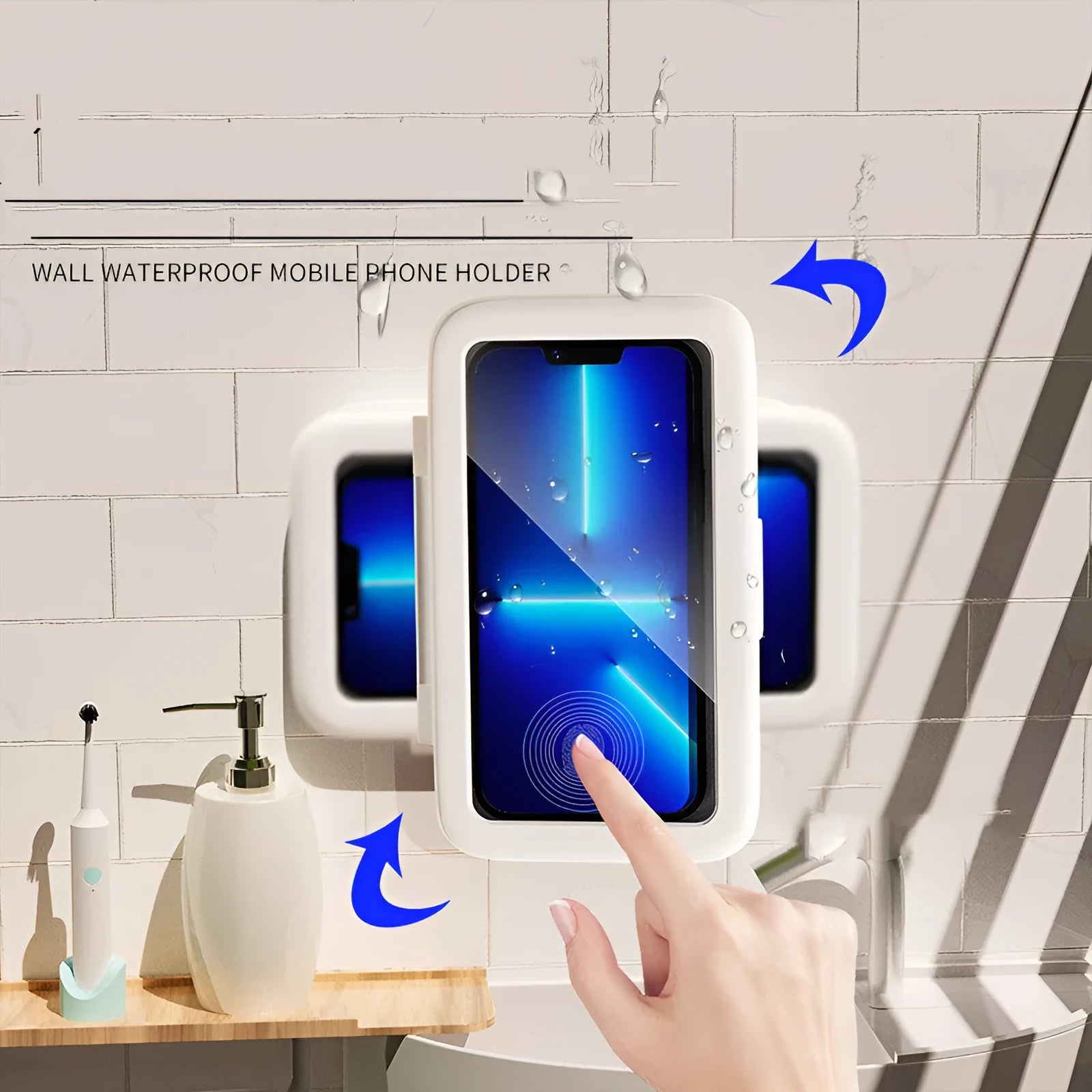 Waterproof phone holder case mounted on bathroom tile with phone visible through anti-fog window