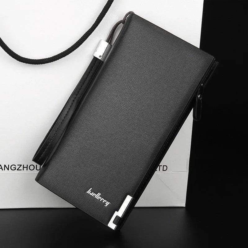 Men's black PU leather zippered wallet showing closed design and material texture