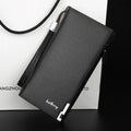 Men's black PU leather zippered wallet showing closed design and material texture