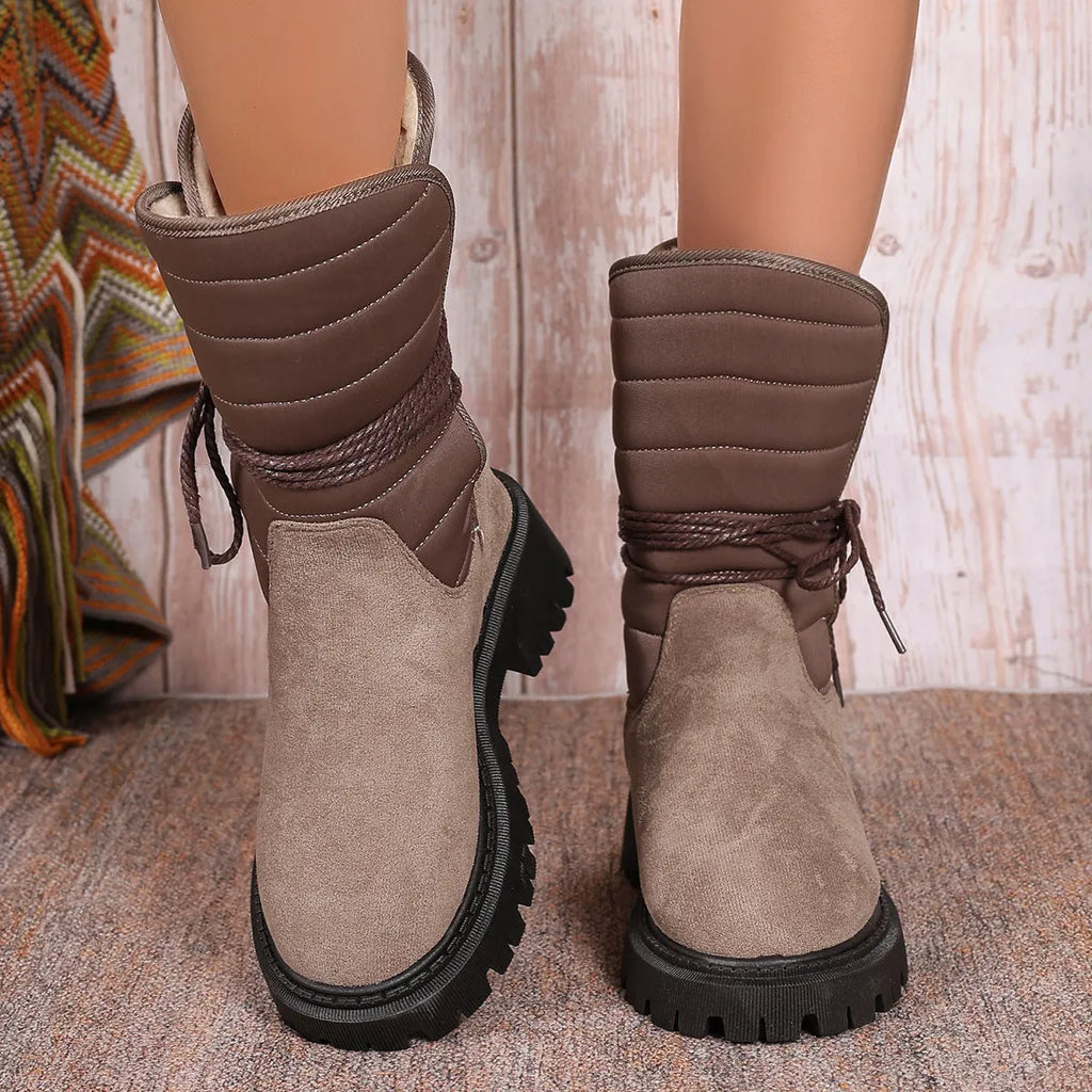 Women's black chunky heel mid-tube snow boots with lace-up design and fleece lining