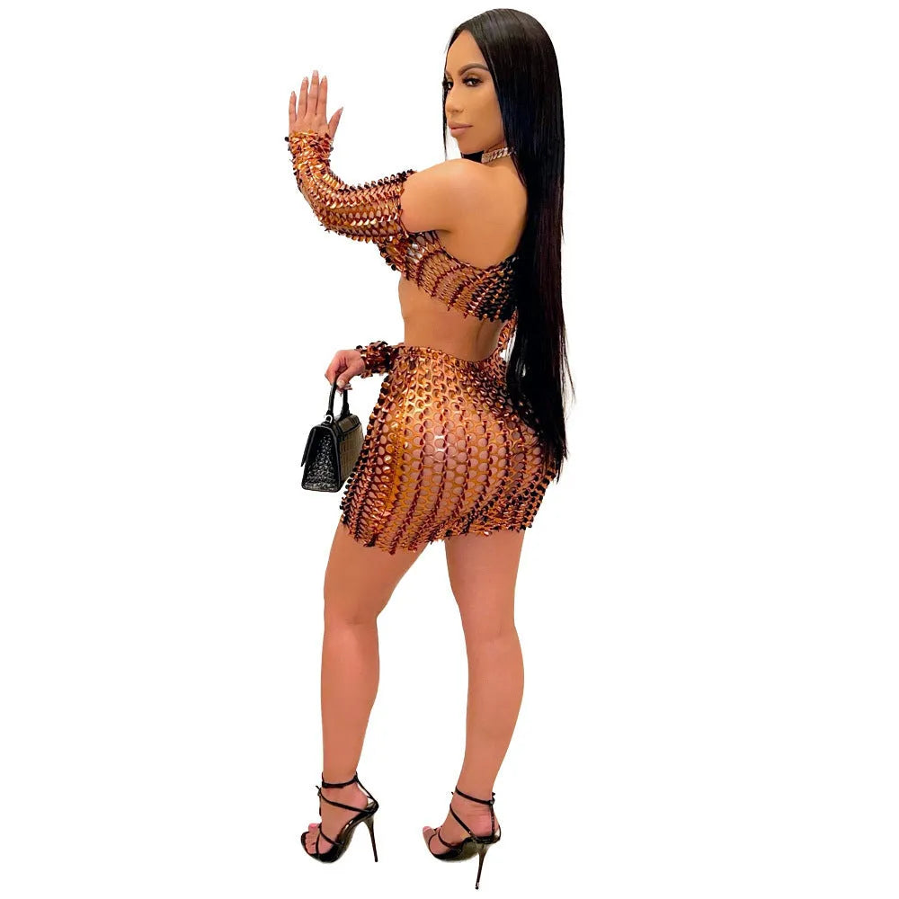 Women's hollow-out two-piece dress set with net hole detailing in four colours