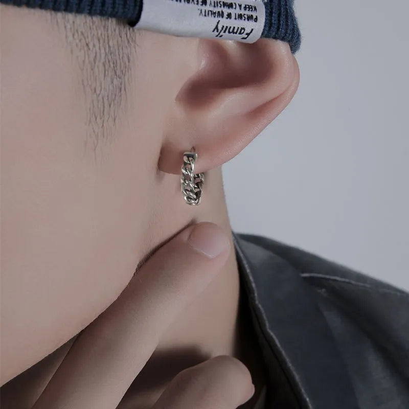 Men's silver geometric copper earrings in 10mm and 14mm sizes, including an auspicious cloud design.