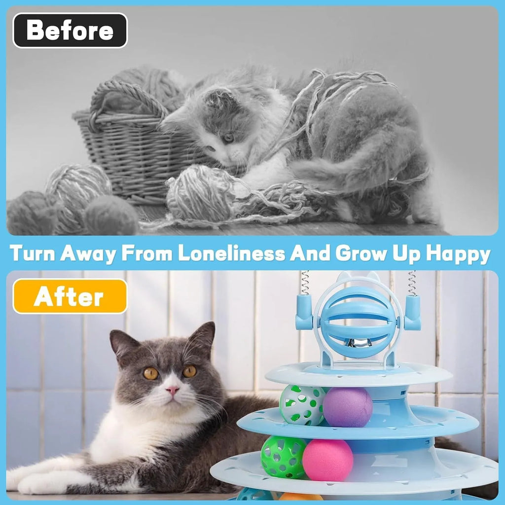 Blue 4-tier interactive cat puzzle toy with sliding balls and teasing rods on non-slip base