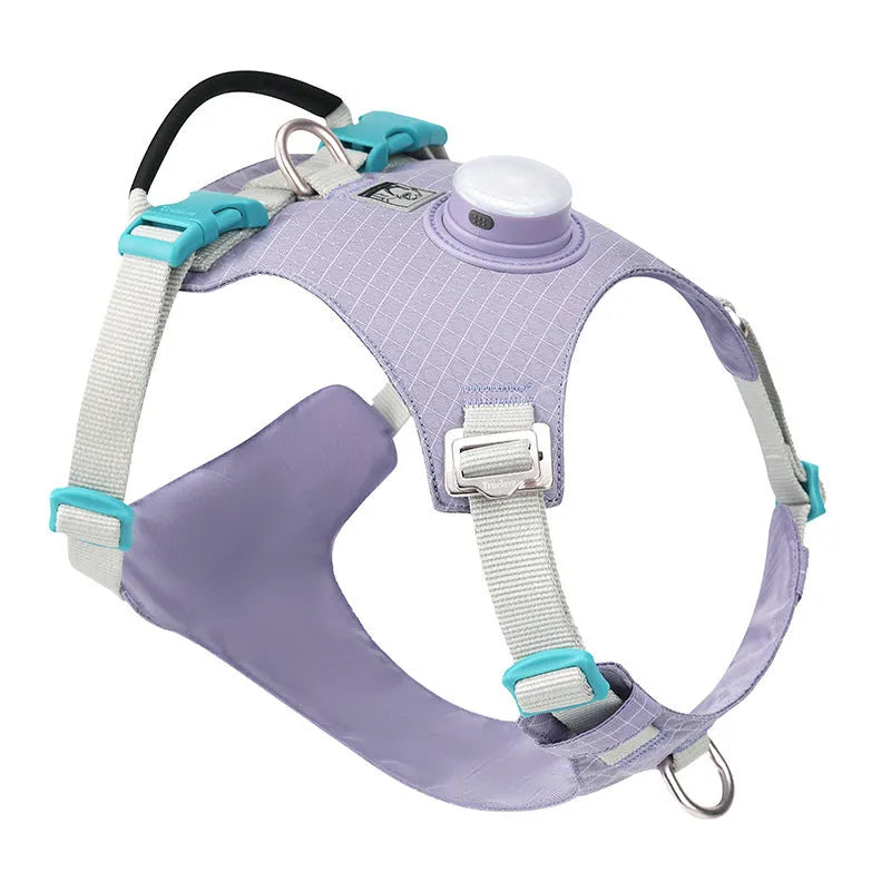 LED dog chest harness in light purple colour showing chest strap design and integrated light for nighttime visibility
