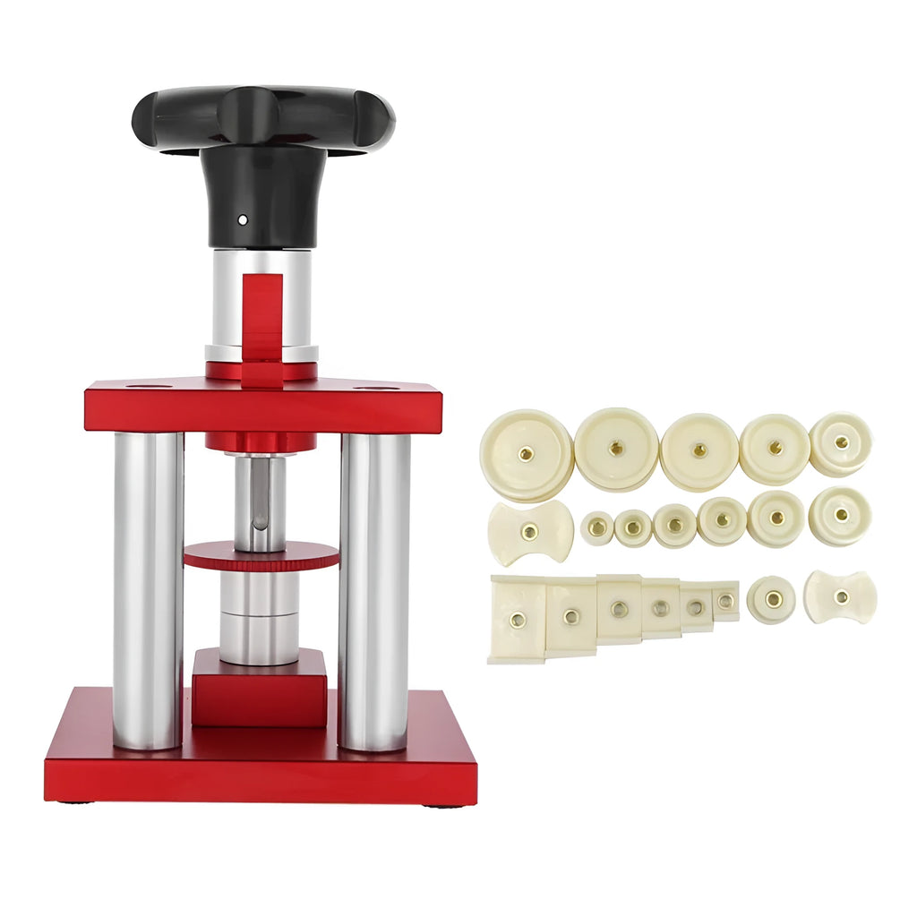 Spiral watch repair tool presser with a set of 20 plastic moulds for back covers and caps.