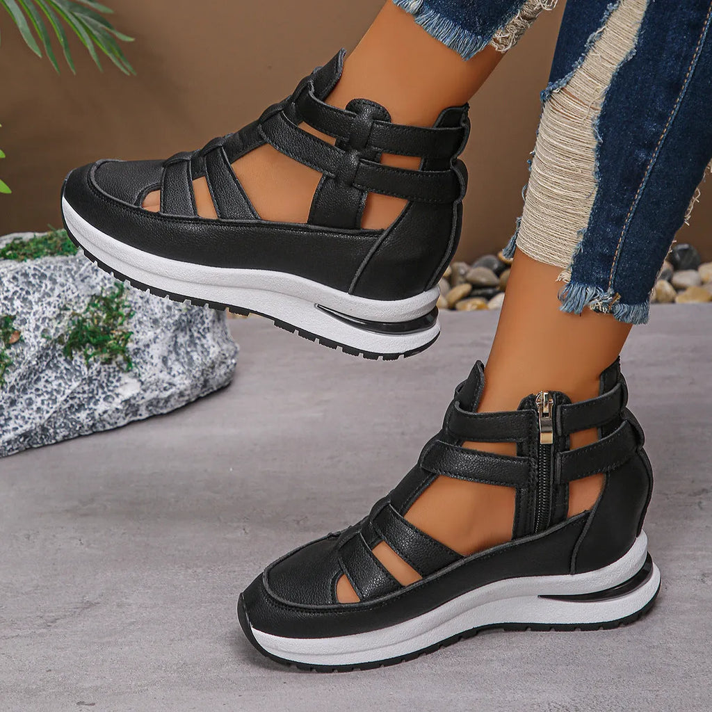 Women's black close-toed platform sandals with hollow-out design and Velcro fastening