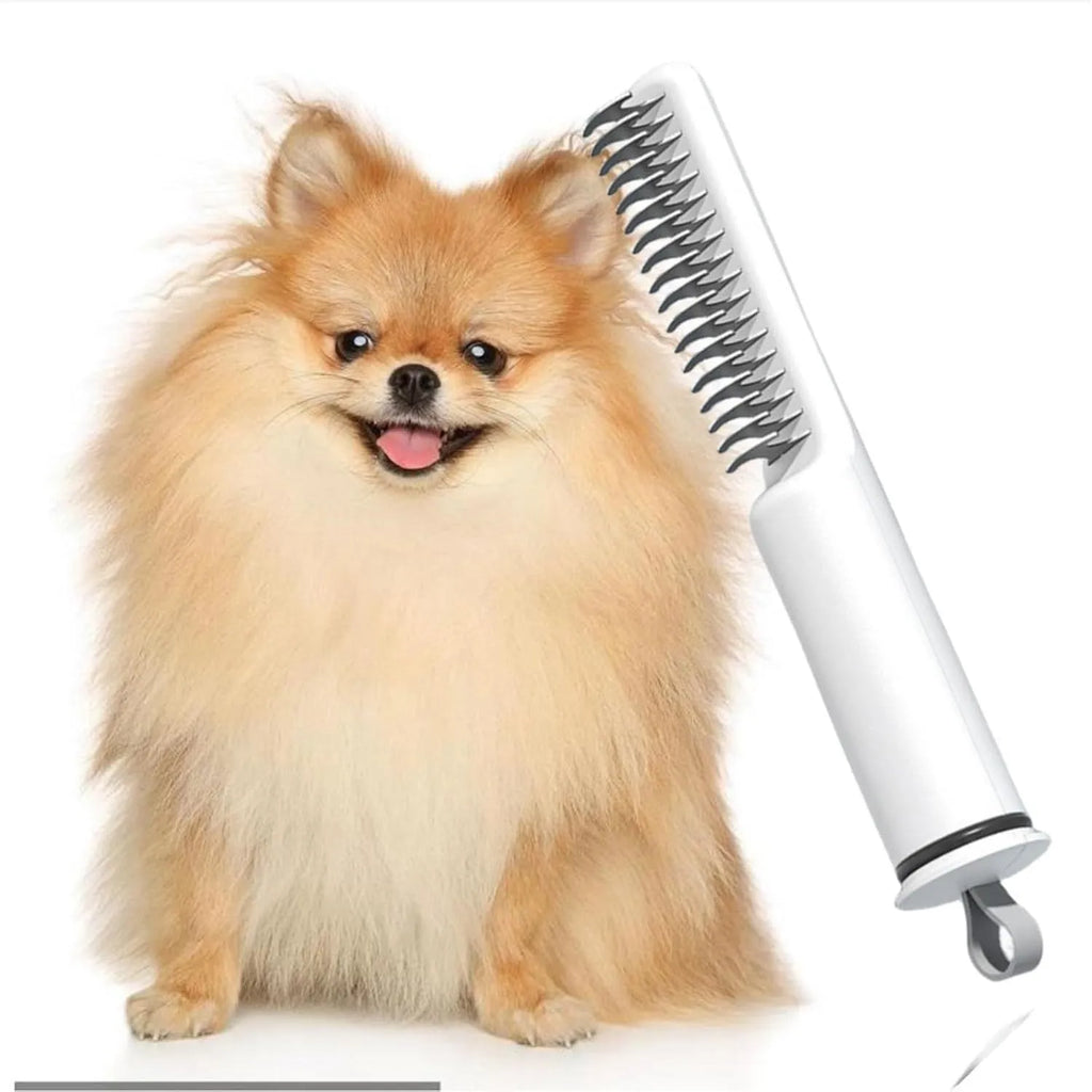 Pink and white stainless steel dog dematting comb with ergonomic handle for removing knots and mats