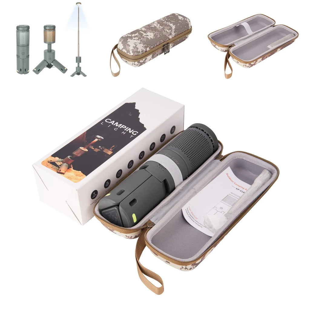 Portable LED camping lantern in off white or dark grey colour with battery compartment and button switch