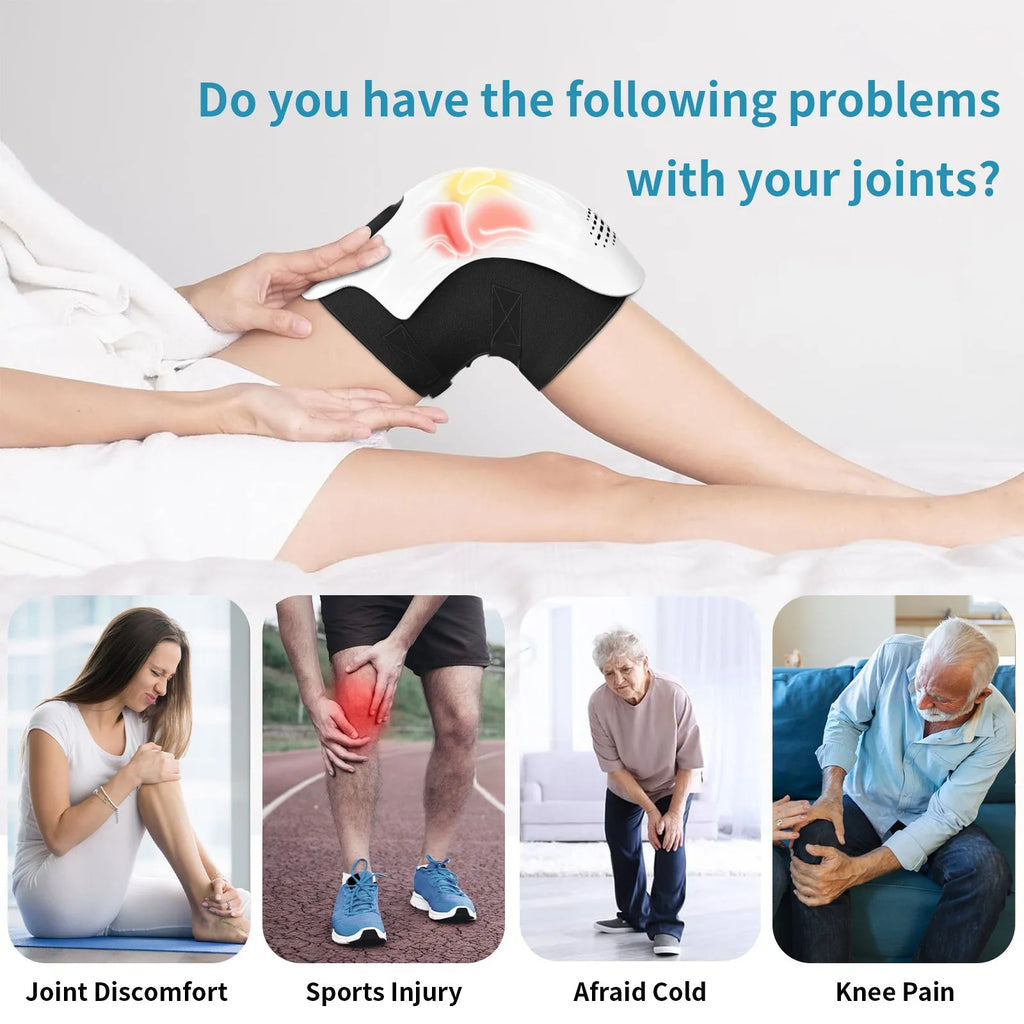 White rechargeable electric knee massager with kneading, heating and infrared laser functions