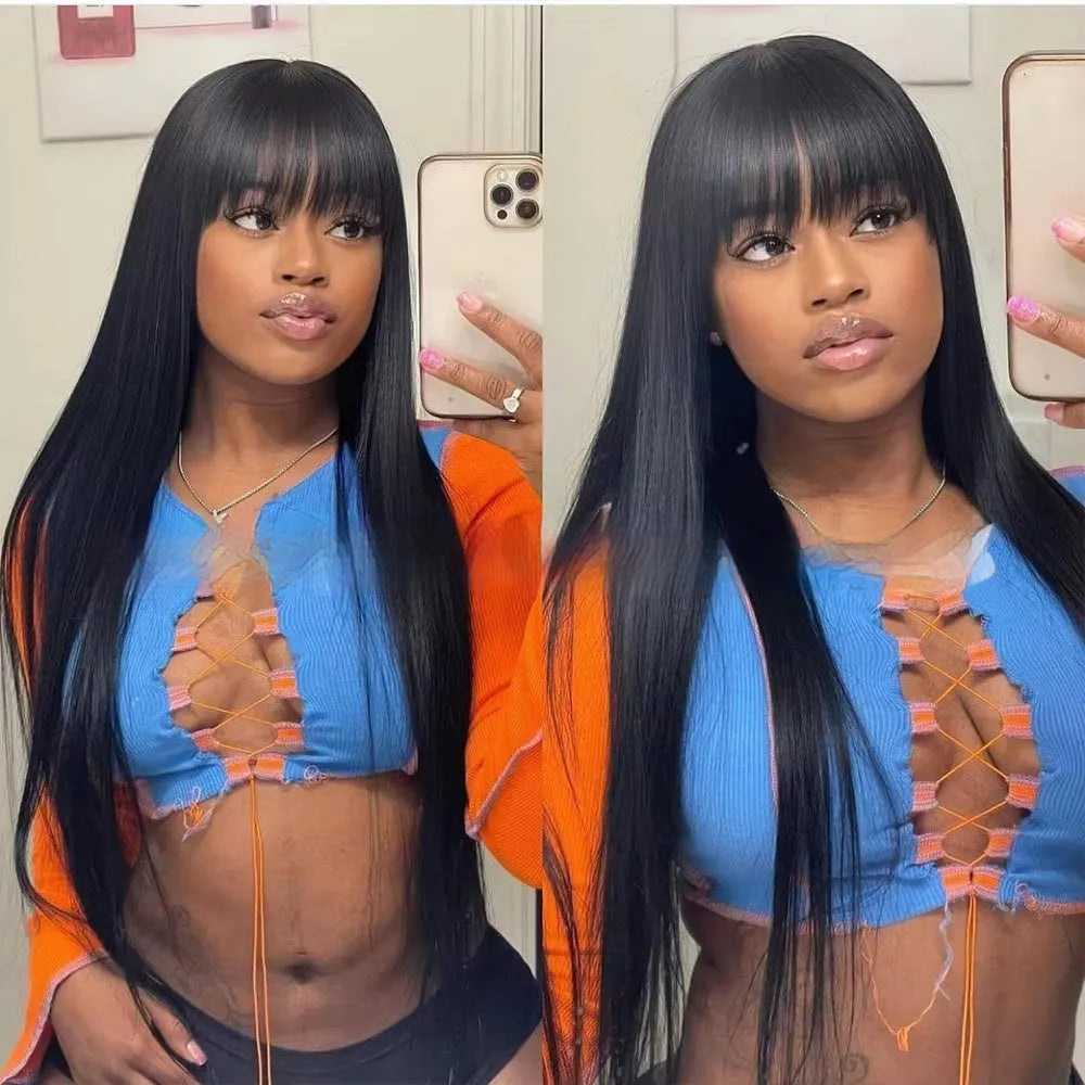 Women's natural colour full-mechanism human hair wig shown in a long length style.