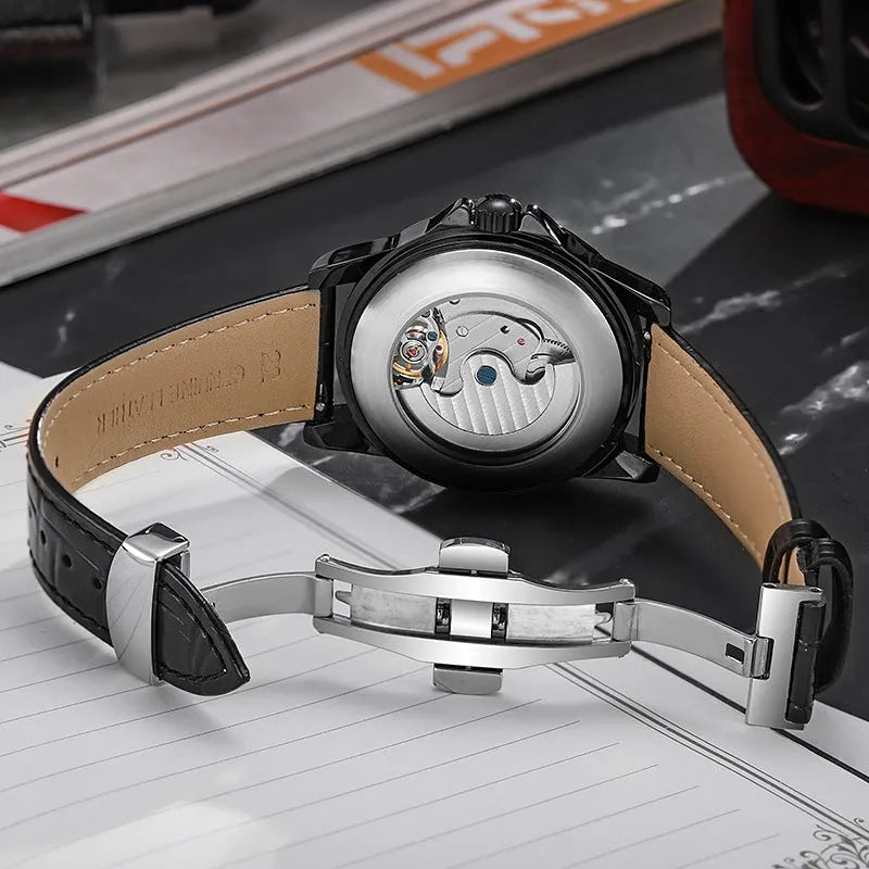 Men's automatic business watch with steel case, available with steel bracelet or leather strap, luminous waterproof features