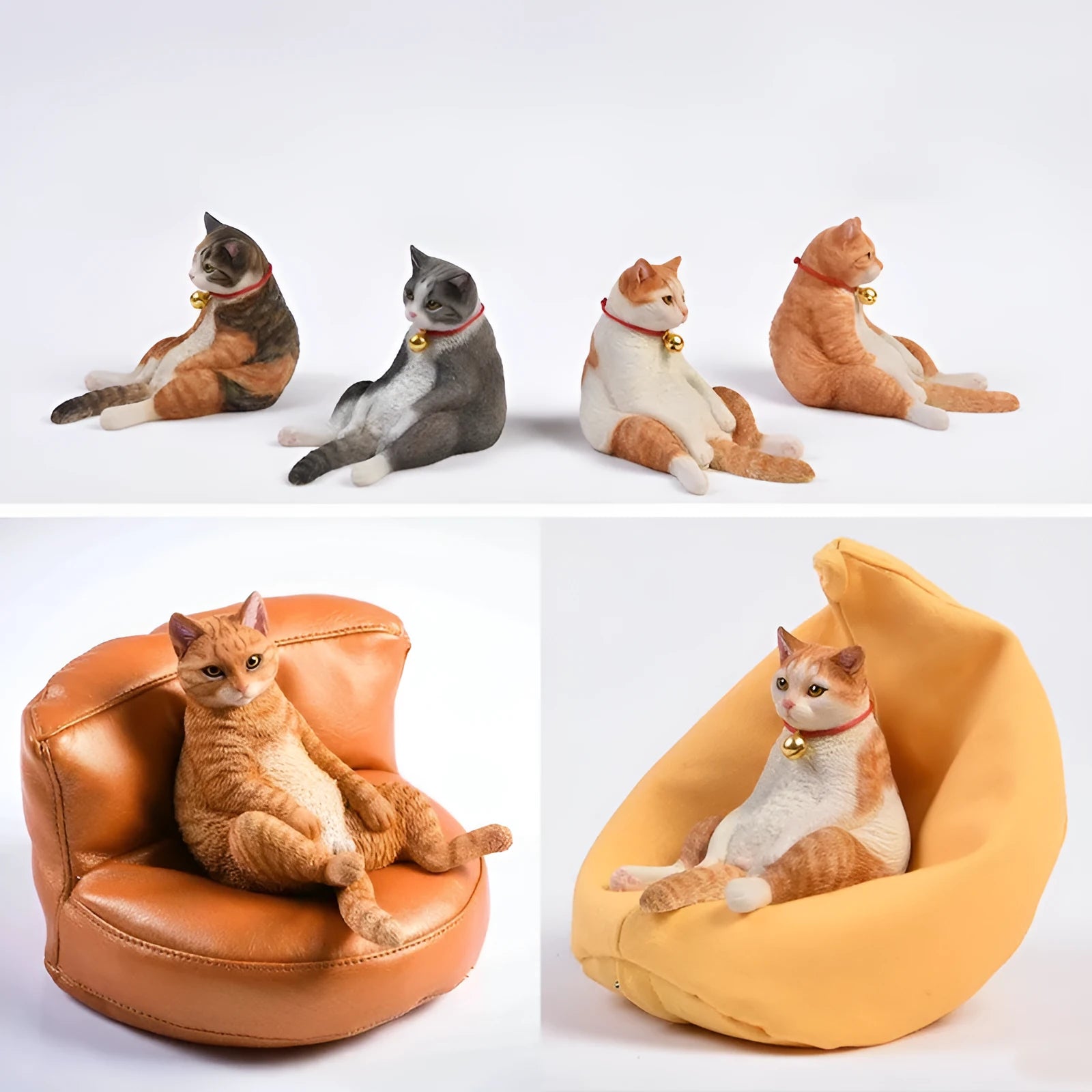 Lazy cat car ornament with fabric sofa, 7.5cm high resin figurine dashboard decoration