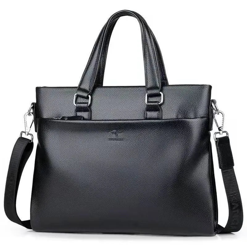 Men's black and brown PU leather business messenger bag with splicing style, shown with crossbody strap.