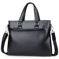 Men's black and brown PU leather business messenger bag with splicing style, shown with crossbody strap.