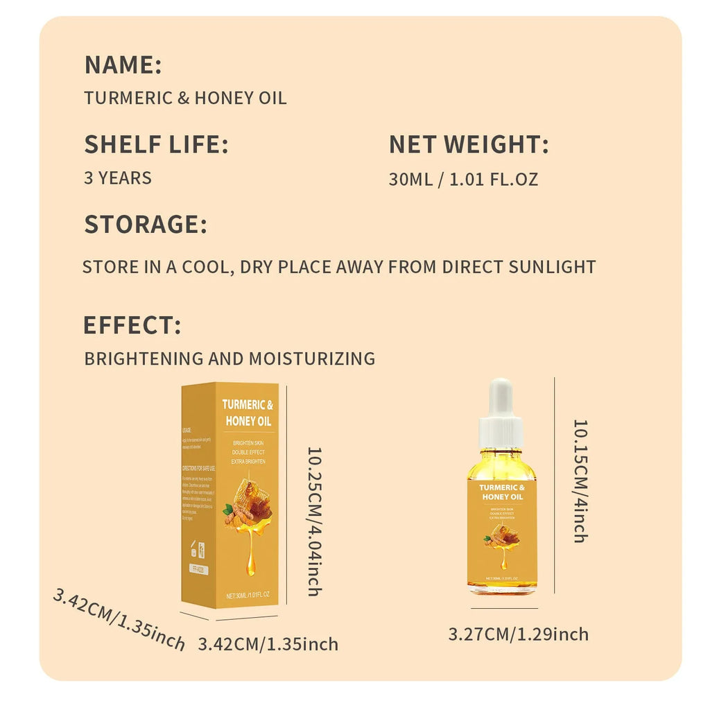 30ml bottle of turmeric honey essential oil with neutral packaging for facial beauty treatment