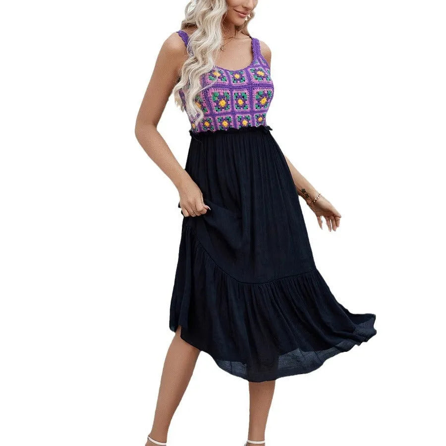 Purple floral pattern sleeveless dress with decorative flower stitching detail
