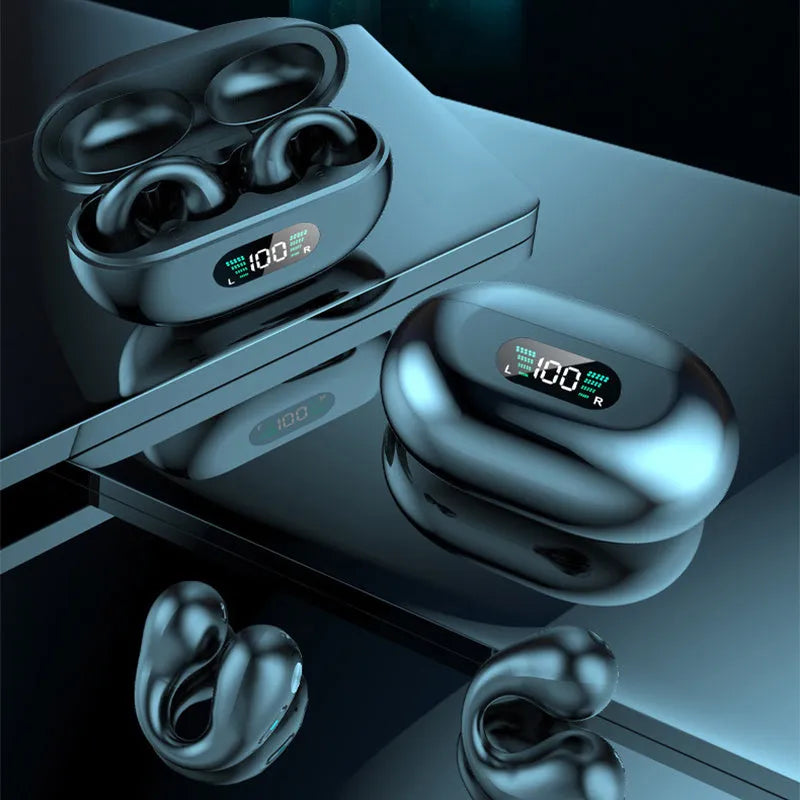 Bone conduction Bluetooth headset with ear clip in black, white, or khaki colour options.