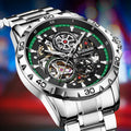 Men's double-sided skeleton automatic watch with luminous hands and stainless steel strap