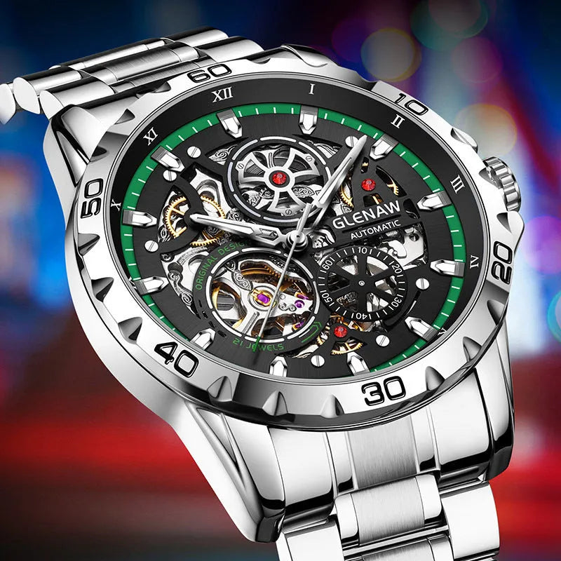 Men's double-sided skeleton automatic watch with luminous hands and stainless steel strap