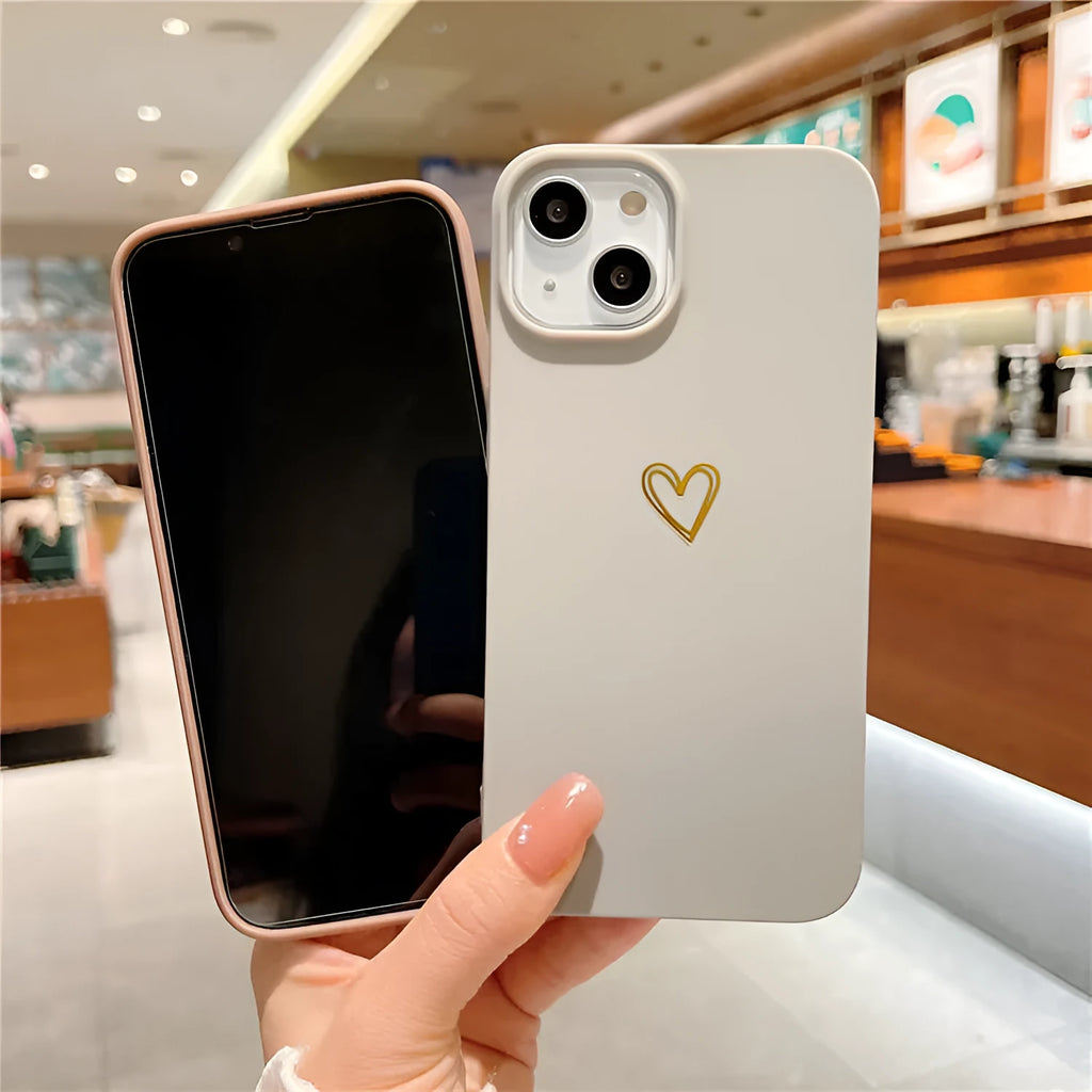 Soft brown silicone iPhone case featuring a hot stamping love heart design on the back.