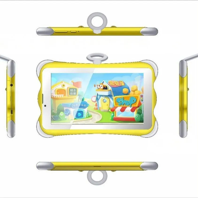 Cartoon-coloured 7-inch children's learning tablet with a protective stand on a table.