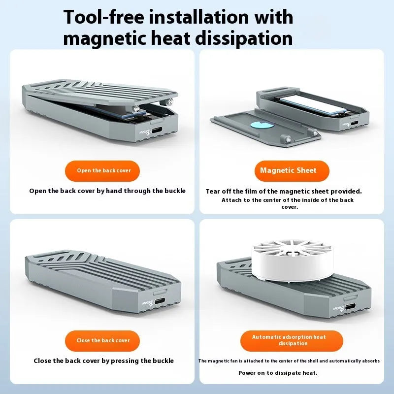 Silver and grey aluminium Thunderbolt 4 M.2 NVMe SSD external enclosures, one with a cooling fan.