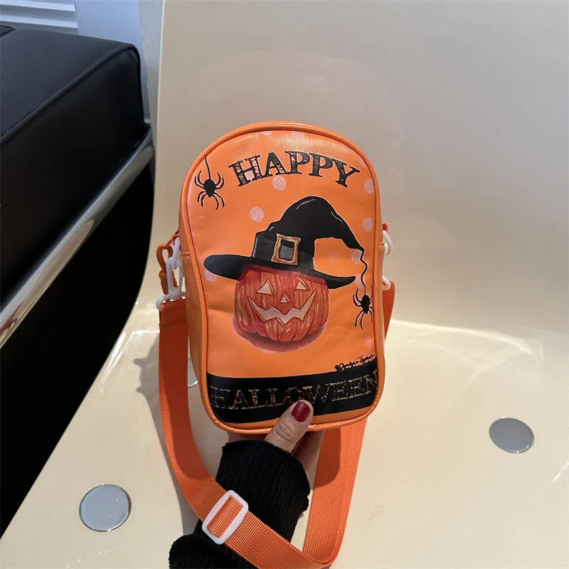 Halloween graffiti print mini crossbody bag with pumpkin ghost bat cartoon design in multiple colours