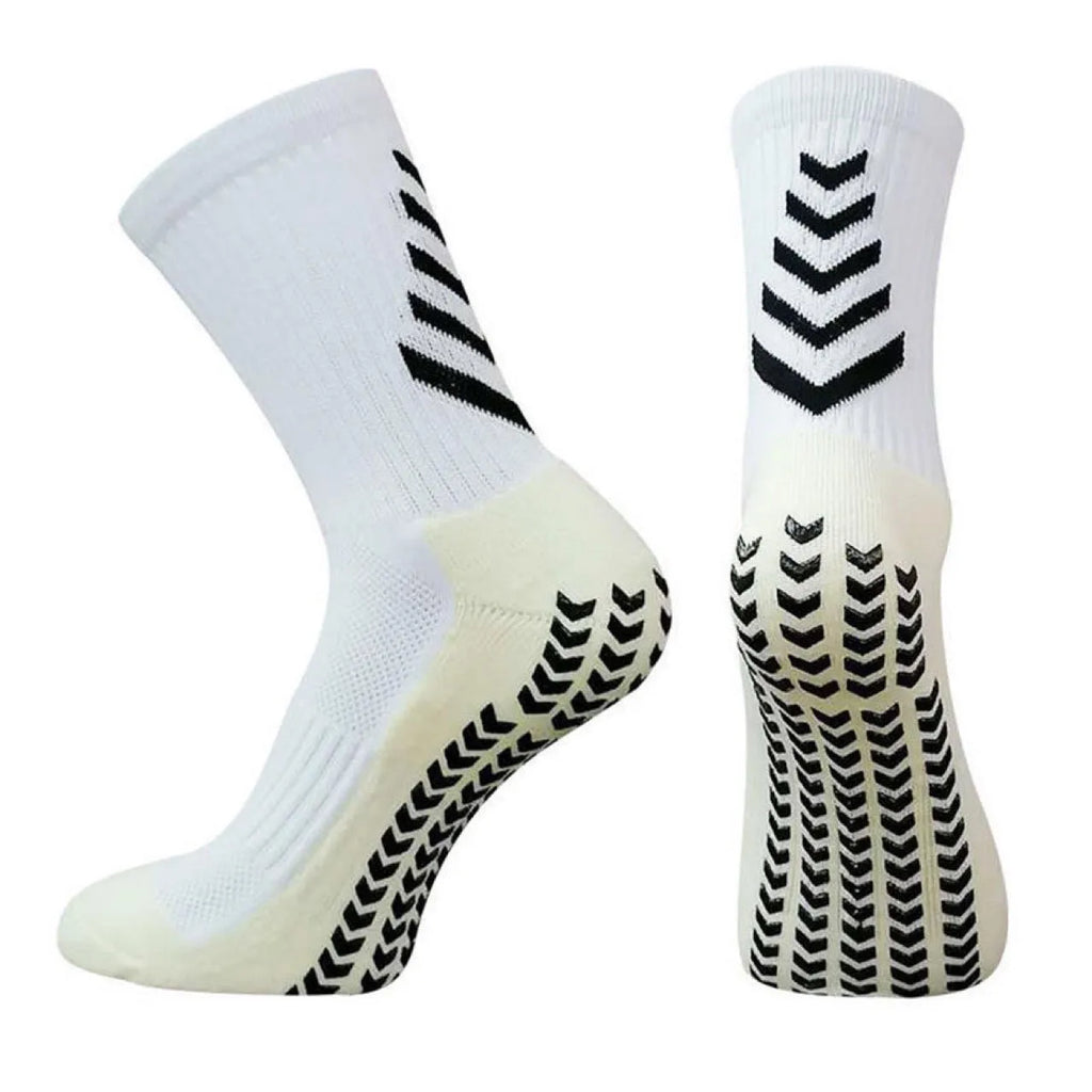 Men's geometric pattern athletic socks in mid-calf length with non-slip silicone grip