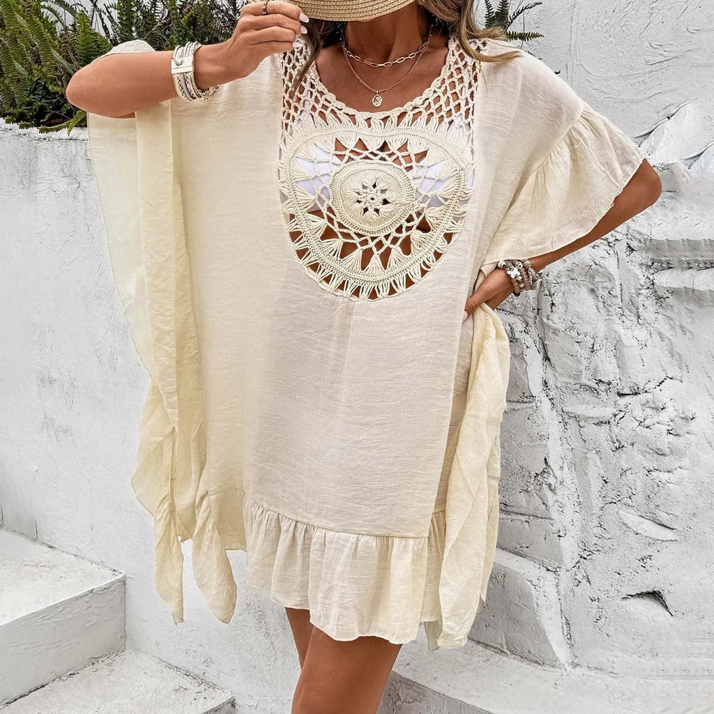 Crochet stitching tassel dress swimsuit with patchwork skirt in European street hipster style