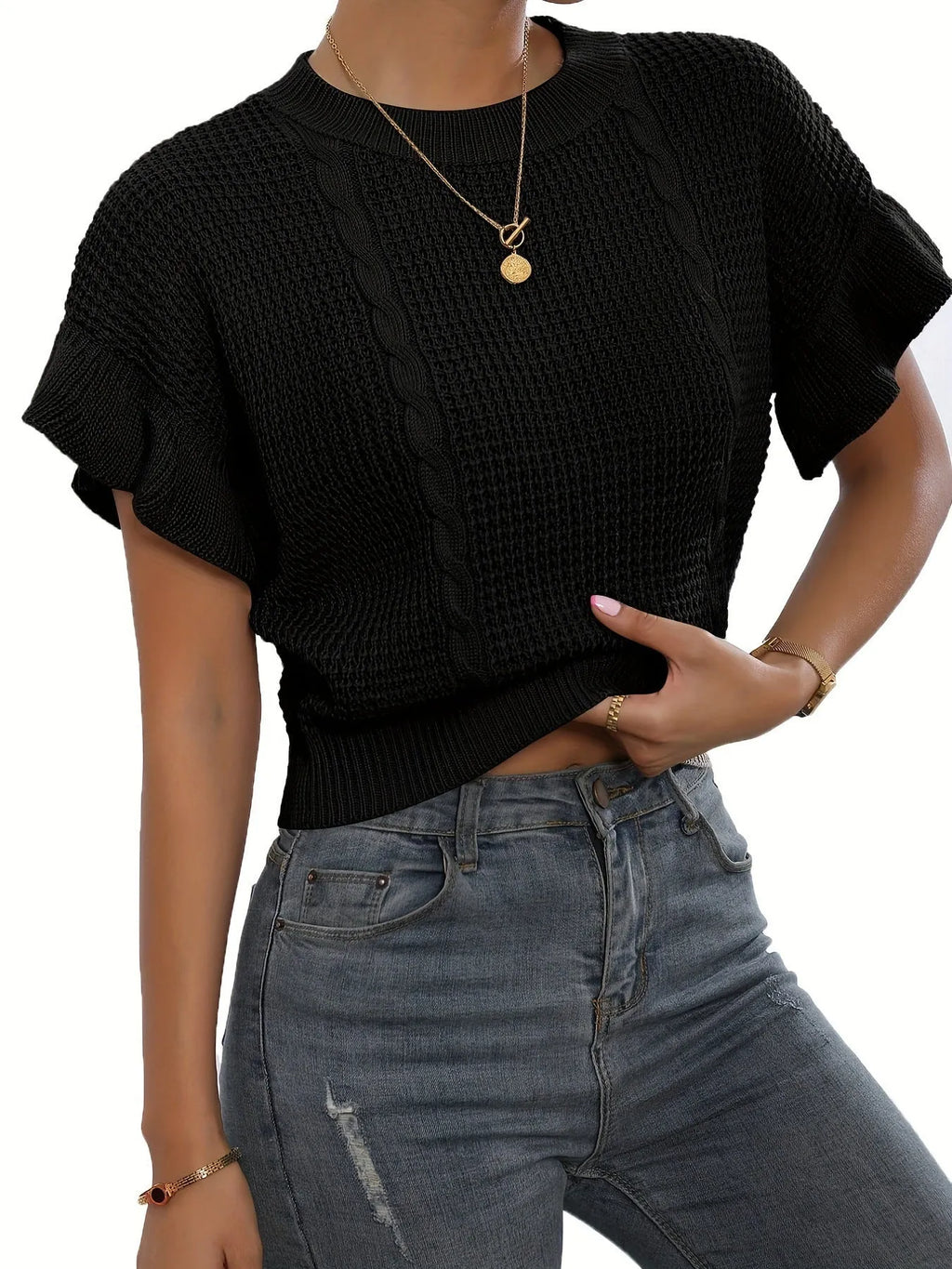 Twisted string ruffle sleeve knitted pullover sweater in Japanese Korean casual style