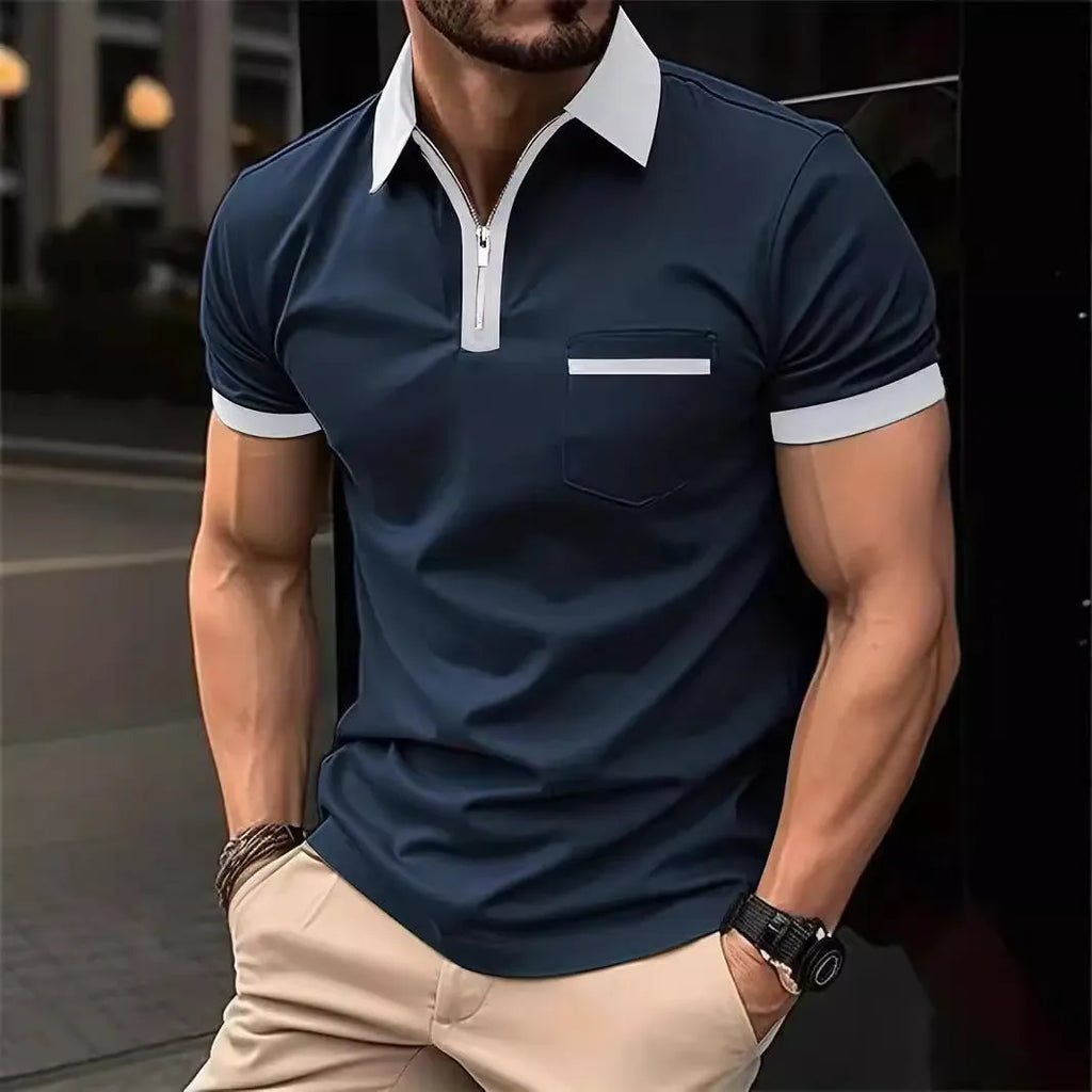 Men's casual short sleeve shirt with chest pocket and zip decorations in multiple colour options