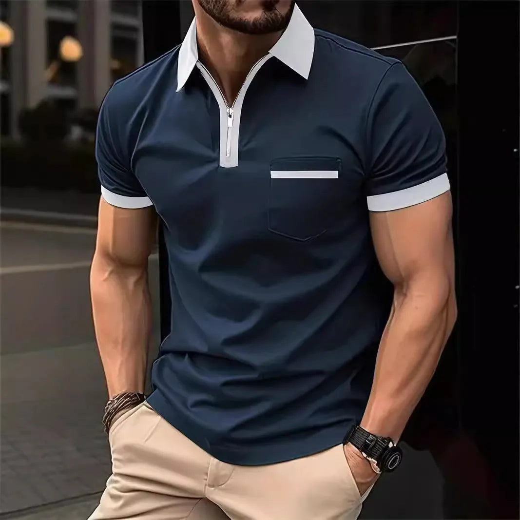 Men's casual short sleeve shirt with chest pocket and zip decorations in multiple colour options