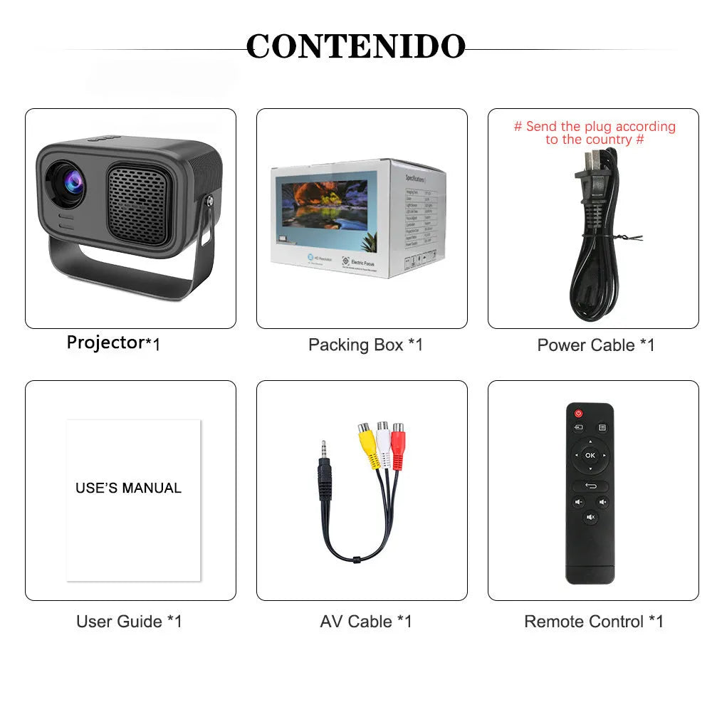 Black HD smart portable projector with remote control for home office use