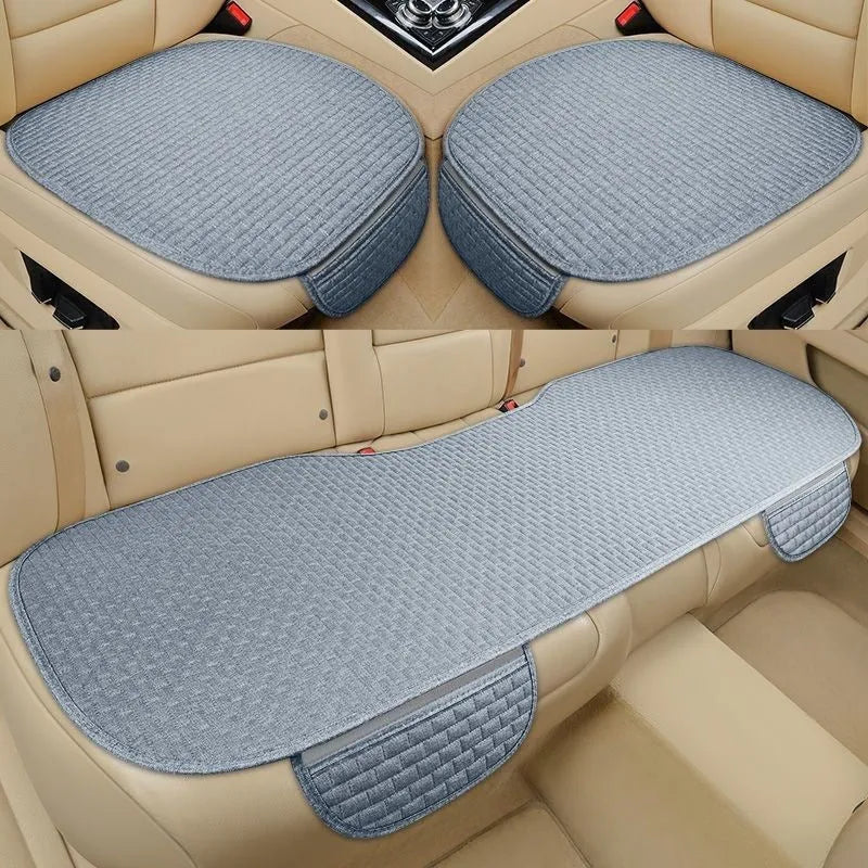 Linen plaid car seat cushion in choice of colours, shown as a single piece and a three-piece set.