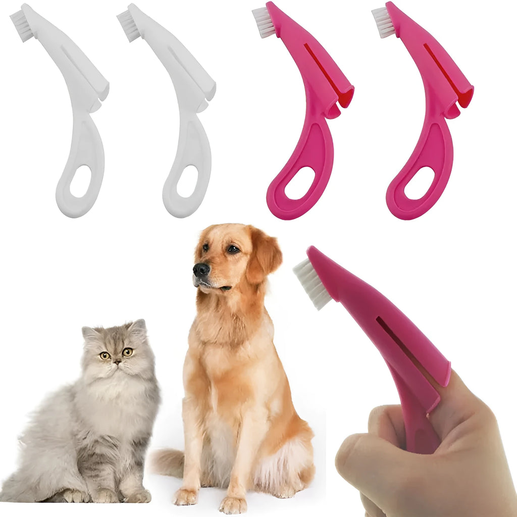 Red and white pet finger toothbrush for dog and cat dental cleaning with silicone bristles