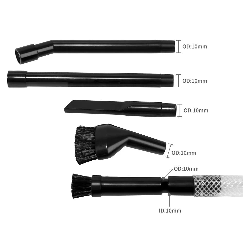 Eight-piece vacuum cleaner nozzle set with crevice tool, brushes, and storage bag for home and car cleaning.